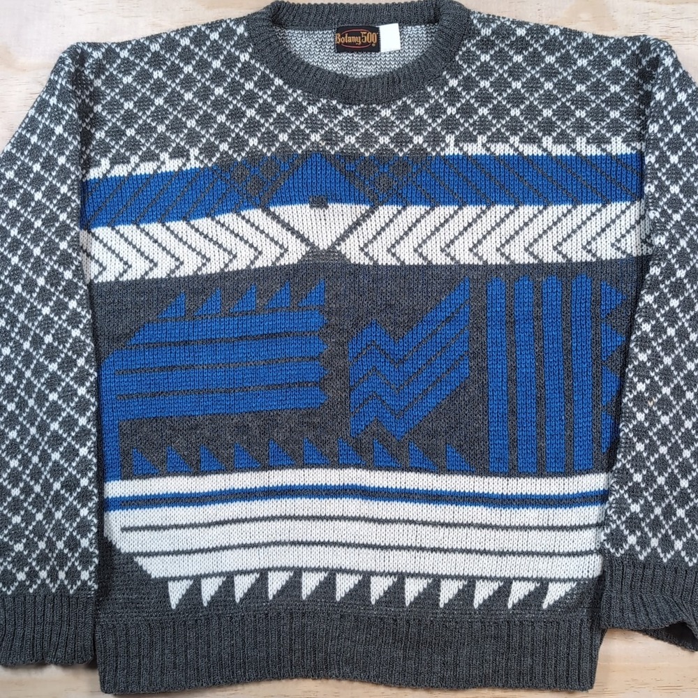 Vintage Botany 500 Sweater Mens L Gray Blue Abstract Pullover Retro Wool Acrylic